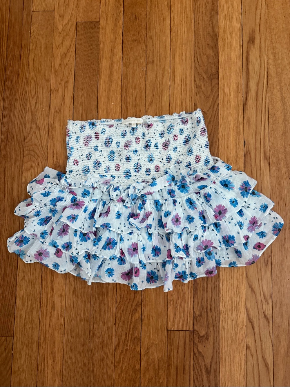 Love shack fancy White Floral Ruffle Mini Skirt with Smocked Waist